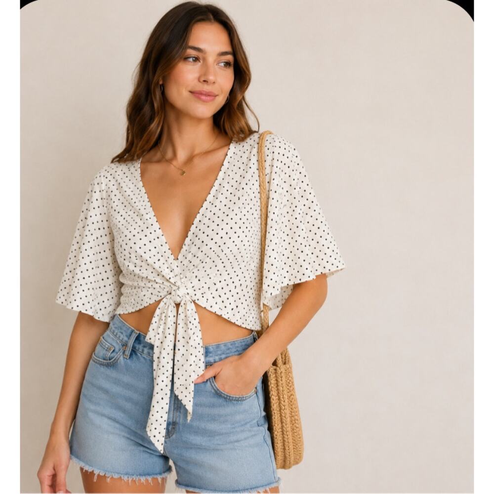 HYFVE White Black Polka Dot Tie Front Crop Top Size Large Boho Cottagecore